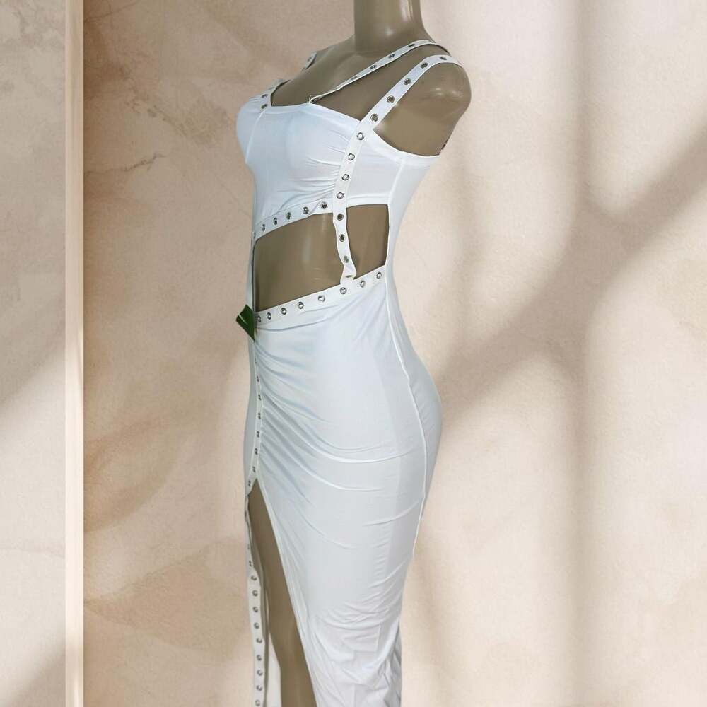 White Cutout Midi Dress – One Sleeve Bodycon Stud Detail Side Slit Sexy ✧ M - Picture 2 of 3